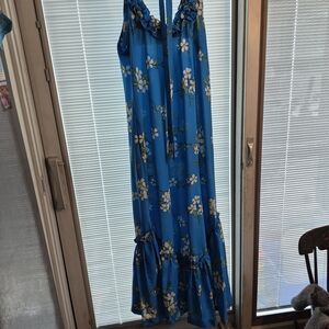 Unique Vintage Hilo Hatties Of Hawaii Floral Blue Maxi Dress Sleeveless Tieback